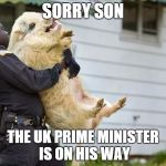 arrested pig | SORRY SON THE UK PRIME MINISTER IS ON HIS WAY | image tagged in arrested pig | made w/ Imgflip meme maker