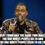 chris rock | EVERY TOWN HAS THE SAME TWO MALLS: THE ONE WHITE PEOPLE GO TO AND THE ONE WHITE PEOPLE USED TO GO TO. | image tagged in chris rock | made w/ Imgflip meme maker