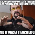 Steven Seagal | BECAUSE OF MY PONYTAIL MY SENSEI USE TO PUSH MY HEAD IN HIS LAP LIKE THIS HE SAID IT WAS A TRANSFER OF CHI | image tagged in steven seagal | made w/ Imgflip meme maker
