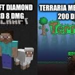 minecraft and terraria | MINECRAFT DIAMOND SWORD 8 DMG TERRARIA MEOWMERE 200 DMG | image tagged in minecraft and terraria | made w/ Imgflip meme maker