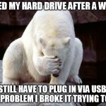 Computer problem solved, computer troubles persist | FIXED MY HARD DRIVE AFTER A WEEK STILL HAVE TO PLUG IN VIA USB, THE PROBLEM I BROKE IT TRYING TO FIX | image tagged in sad polar bear,computer,computers/electronics,problems | made w/ Imgflip meme maker