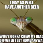 this should make front page. lol | I MAY AS WELL HAVE ANOTHER BEER WIFE'S GONNA CHEW MY HEAD OFF WHEN I GET HOME ANYWAY | image tagged in praying mantis head | made w/ Imgflip meme maker