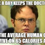 Dwight False | AN APPLE A DAY KEEPS THE DOCTOR AWAY FALSE. THE AVERAGE HUMAN CANNOT SURVIVE ON 65 CALORIES A DAY. | image tagged in dwight false | made w/ Imgflip meme maker