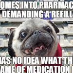 pharmacy pug demands medication | COMES INTO PHARMACY DEMANDING A REFILL HAS NO IDEA WHAT THE NAME OF MEDICATION IS | image tagged in pharmacy pug,pills,crazy pills | made w/ Imgflip meme maker