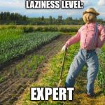 Farming for noobs | LAZINESS LEVEL: EXPERT | image tagged in scarecrow in field | made w/ Imgflip meme maker