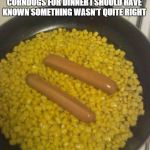 corndogs not really | WHEN SHE SAID WE WERE HAVING CORNDOGS FOR DINNER I SHOULD HAVE KNOWN SOMETHING WASN'T QUITE RIGHT | image tagged in corndogs not really | made w/ Imgflip meme maker