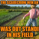 Bad Pun Scarecrow  | WHY DID THE SCARECROW WIN AN AWARD? HE WAS OUT STANDING IN HIS FIELD | image tagged in scarecrow in field,bad puns | made w/ Imgflip meme maker