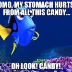 Dory | OMG, MY STOMACH HURTS FROM ALL THIS CANDY... OH LOOK! CANDY! | image tagged in dory | made w/ Imgflip meme maker