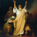 Moses, arms up to God