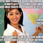 Scumbag Teacher | YOU'RE BADLY BEHAVED? NEVER DO HOMEWORK? ALWAYS LATE TO LESSONS? YOU CAN HAVE HUGE TREATS FOR BEHAVING A LITTLE BIT. YOU'RE WELL BEHAVED? AL | image tagged in scumbag teacher | made w/ Imgflip meme maker