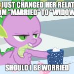 spike's coffee | MY WIFE JUST CHANGED HER RELATIONSHIP FROM "MARRIED" TO "WIDOWED" SHOULD I BE WORRIED | image tagged in spike's coffee | made w/ Imgflip meme maker