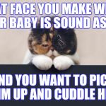Sad Cat | THAT FACE YOU MAKE WHEN YOUR BABY IS SOUND ASLEEP AND YOU WANT TO PICK HIM UP AND CUDDLE HIM | image tagged in sad cat | made w/ Imgflip meme maker