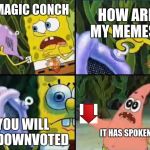 Spongebob | OH MAGIC CONCH HOW ARE MY MEMES? YOU WILL BE DOWNVOTED IT HAS SPOKEN! | image tagged in spongebob | made w/ Imgflip meme maker