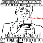 A colorful adage to illustrate the point that wasting time on ideologues is the biggest waste. | IF YOU FEED A COW ONLY ROSES, YOU WON'T GET ANY EXTRA APPRECIATION... AND ITS SHIT WON'T SMELL ANY BETTER EITHER. | image tagged in memes,true story,shawnljohnson,shit,wisdom | made w/ Imgflip meme maker
