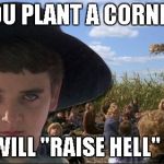 "If you plant it, they will come"   | IF YOU PLANT A CORNFIELD WE WILL "RAISE HELL" IN IT | image tagged in isaac,children of the corn,field of dreams,corn,hell | made w/ Imgflip meme maker