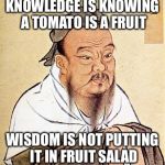 The difference between knowledge and wisdom | KNOWLEDGE IS KNOWING A TOMATO IS A FRUIT WISDOM IS NOT PUTTING IT IN FRUIT SALAD | image tagged in confucius,tomato,fruit | made w/ Imgflip meme maker