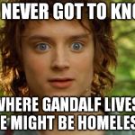 Sudden clarity Frodo | WE NEVER GOT TO KNOW WHERE GANDALF LIVES, HE MIGHT BE HOMELESS | image tagged in memes,surpised frodo,the lord of the rings | made w/ Imgflip meme maker