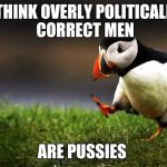 Unpopular Opinion Puffin | I THINK OVERLY POLITICALLY CORRECT MEN ARE PUSSIES | image tagged in unpopular opinion puffin | made w/ Imgflip meme maker