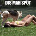 Dog Pees on Girl | DIS MAH SPOT | image tagged in dog pees on girl | made w/ Imgflip meme maker