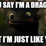 toothless | YOU SAY I'M A DRAGON BUT I'M JUST LIKE YOU | image tagged in toothless | made w/ Imgflip meme maker