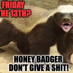 Honey badger | FRIDAY THE 13TH? HONEY BADGER DON'T GIVE A SHIT! | image tagged in honey badger | made w/ Imgflip meme maker