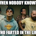 Hangover crew | WHEN NOBODY KNOWS WHO FARTED IN THE LIFT | image tagged in hangover crew | made w/ Imgflip meme maker