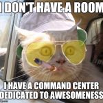 When I need something to say during an awkward pause. | I DON'T HAVE A ROOM I HAVE A COMMAND CENTER DEDICATED TO AWESOMENESS | image tagged in fear and loathing cat | made w/ Imgflip meme maker