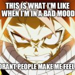 angry natsu dragneel | THIS IS WHAT I'M LIKE WHEN I'M IN A BAD MOOD RUDE, IGNORANT PEOPLE MAKE ME FEEL THAT WAY | image tagged in angry natsu dragneel | made w/ Imgflip meme maker