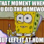 Spongebob Reaction | THAT MOMENT WHEN YOU DID THE HOMEWORK BUT LEFT IT AT HOME | image tagged in spongebob reaction | made w/ Imgflip meme maker