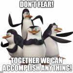 Don't Fear! | DON'T FEAR! TOGETHER WE CAN ACCOMPLISH ANYTHING! | image tagged in madagascar penguins | made w/ Imgflip meme maker