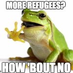 How 'bout no frog | MORE REFUGEES? HOW 'BOUT NO | image tagged in how 'bout no frog | made w/ Imgflip meme maker