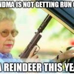 grandma gun weeb killer | GRANDMA IS NOT GETTING RUN OVER BY A REINDEER THIS YEAR!! | image tagged in grandma gun weeb killer | made w/ Imgflip meme maker