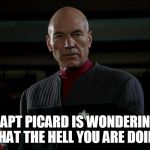 Jean Luc Picard | CAPT PICARD IS WONDERING WHAT THE HELL YOU ARE DOING. | image tagged in jean luc picard | made w/ Imgflip meme maker