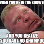 brock lesnar | WHEN YOU'RE IN THE SHOWER AND YOU REALIZE YOU HAVE NO SHAMPOO | image tagged in brock lesnar | made w/ Imgflip meme maker