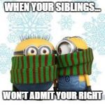 winter minions | WHEN YOUR SIBLINGS... WON'T ADMIT YOUR RIGHT | image tagged in winter minions | made w/ Imgflip meme maker