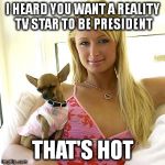 Paris Hilton | I HEARD YOU WANT A REALITY TV STAR TO BE PRESIDENT THAT'S HOT | image tagged in paris hilton | made w/ Imgflip meme maker