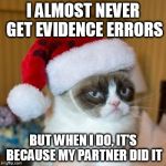 Grumpy Cat Christmas Hat | I ALMOST NEVER GET EVIDENCE ERRORS BUT WHEN I DO, IT'S BECAUSE MY PARTNER DID IT | image tagged in grumpy cat christmas hat | made w/ Imgflip meme maker