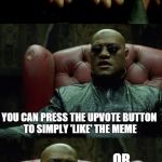 You have 2 choices, only 1 actually does anything. | THERE ARE 2 CHOICES YOU CAN PRESS THE UPVOTE BUTTON TO SIMPLY 'LIKE' THE MEME OR YOU CAN PRESS THE DOWNVOTE BUTTON, BUT WE AREN'T REALLY SUR | image tagged in matrix buttons,neo,upvote,matrix morpheus | made w/ Imgflip meme maker