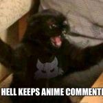For some reason I only see them when I flip through images, not front page memes  | WHO THE HELL KEEPS ANIME COMMENTING?!!??! | image tagged in cat with guns | made w/ Imgflip meme maker
