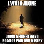 On the road | I WALK ALONE DOWN A FRIGHTENING ROAD OF PAIN AND MISERY | image tagged in on the road | made w/ Imgflip meme maker