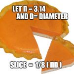 A Perfect Slice of Pie | LET Π = 3.14                     AND D= DIAMETER SLICE  =  1/8 ( ΠD ) | image tagged in memes,slice of pie,pi,pumpkin,math,pie | made w/ Imgflip meme maker