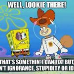 Sandy Cheeks - Well, Lookie There! | WELL, LOOKIE THERE! THAT'S SOMETHIN' I CAN FIX! BUT, I CAN'T IGNORANCE, STUPIDITY OR IDIOTS | image tagged in sandy cheeks look at yer eye,spongebob squarepants,sandy cheeks,funny,cowboy hat,memes | made w/ Imgflip meme maker