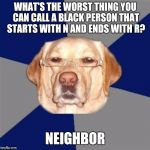 racist dog | WHAT'S THE WORST THING YOU CAN CALL A BLACK PERSON THAT STARTS WITH N AND ENDS WITH R? NEIGHBOR | image tagged in racist dog | made w/ Imgflip meme maker