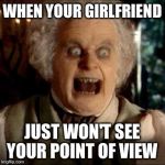 Frustrated Bilbo | WHEN YOUR GIRLFRIEND JUST WON'T SEE YOUR POINT OF VIEW | image tagged in frustrated bilbo | made w/ Imgflip meme maker