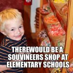 KidInCandyStore | IF SHOPPERS RULED THE EARTH THEREWOULD BE A SOUVINEERS SHOP AT ELEMENTARY SCHOOLS | image tagged in kidincandystore | made w/ Imgflip meme maker