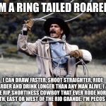 Pecos Bill - Ring Tailed Roarer | I'M A RING TAILED ROARER! I CAN DRAW FASTER, SHOOT STRAIGHTER, RIDE HARDER AND DRINK LONGER THAN ANY MAN ALIVE. I AM THE RIP SNORTINESS COWB | image tagged in disney,tall tale,patrick swayze,memes,pecos bill,lasso | made w/ Imgflip meme maker