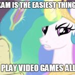 my little pony you failed the ap exam | THE AP EXAM IS THE EASIEST THING TO PASS DID YOU PLAY VIDEO GAMES ALL NIGHT? | image tagged in my little pony you failed the ap exam | made w/ Imgflip meme maker