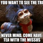 Never Mind | OH, YOU WANT TO SEE THE TRUTH NEVER MIND, COME HAVE TEA WITH THE MISSUS | image tagged in labyrinth worm,labyrinth,memes,never mind,truth | made w/ Imgflip meme maker