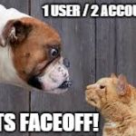 Mayhem! When someone suggests a flipper make two accounts! | 1 USER / 2 ACCOUNTS . . . POINTS FACEOFF! | image tagged in dog cat staredown,dog,cat | made w/ Imgflip meme maker