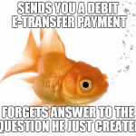 Bad Memory Goldfish | SENDS YOU A DEBIT E-TRANSFER PAYMENT FORGETS ANSWER TO THE QUESTION HE JUST CREATED | image tagged in bad memory goldfish | made w/ Imgflip meme maker